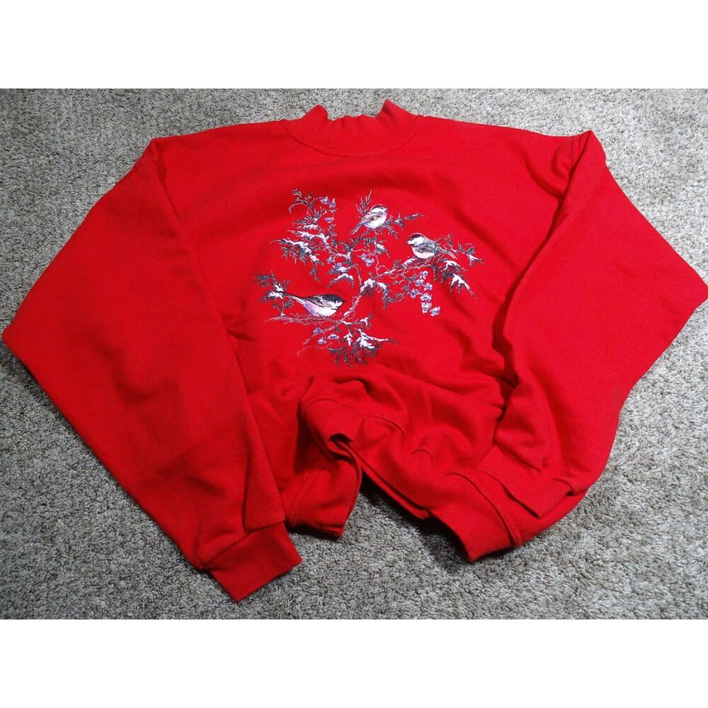 Northern Reflections Vintage Red Winter Birds Mock Neck Sweatshirt L Cottagecore